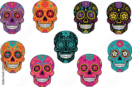 Colorful sugar skulls vector illustration with floral designs, ornamental patterns, vibrant colors, and Day of the Dead theme