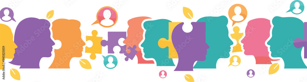 Fototapeta premium Human head silhouettes vector illustration with puzzle pieces, speech bubbles, leaves, communication, teamwork, and collaboration theme