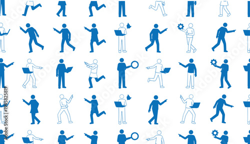 Human figures vector illustration with diverse poses, technology objects, laptops, gears, magnifying glass, and workforce activities