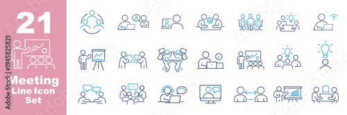 Corporate Meeting and Team Collaboration Line Icon Set – Business Discussion Outline Icons. Business Teamwork and Meeting Outline Icons. Interview Line Editable Icons set