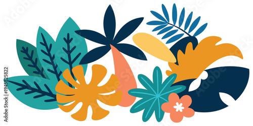 Creative jungle foliage composition with monstera leaves and palm branches in trendy palette