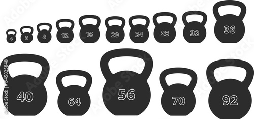 Kettlebells vector illustration with multiple weights, black silhouettes, numbered gym equipment for fitness and strength training