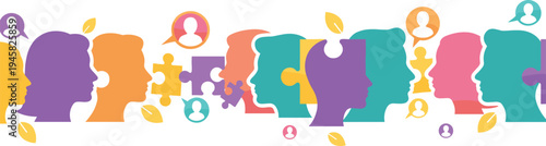 Human head silhouettes vector illustration with puzzle pieces, speech bubbles, leaves, communication, teamwork, and collaboration theme