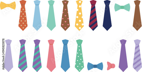 Neckties and bow ties vector illustration with colorful patterns, stripes, polka dots, hearts, and fashion accessories