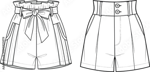 Women high waist shorts technical fashion sketch showing front views with pockets belt bow and stitching details apparel design