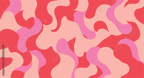 Vibrant abstract pattern with wavy red and pink shapes on a peach background