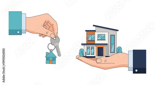 Real estate concept of hands exchanging house model and keys