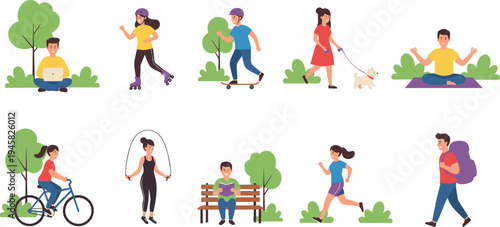 Outdoor activities vector illustration with people skating, biking, jogging, hiking, yoga, dog walking, and reading in nature