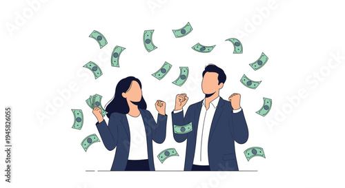 Successful business couple celebrating under a rain of falling money