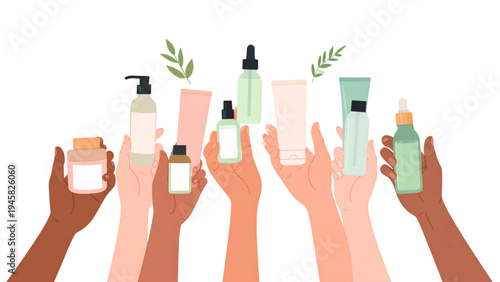 Multiracial Hands with Skincare Products Flat Vector Collection Featuring Droppers, Cream Jars, Bottles and Cosmetic Tubes