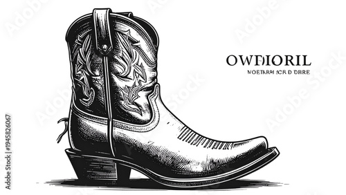 Black and White Flat Vector Cowgirl Boot Silhouettes with Traditional Western Ornament, Hand-Drawn Style, Isolated on Transparent Background