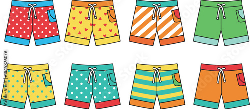 Swim trunks vector illustration with colorful patterns, stripes, polka dots, hearts, pockets, and summer fashion design