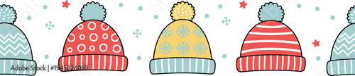 Cartoon colorful winter hats with pom‑poms and festive patterns for seasonal fashion and holiday design 