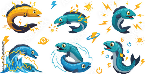 Electric eel cartoon mascot set with lightning energy power effects underwater sea creature character vector illustration collection