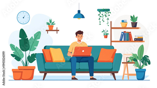 Young man working on laptop at home sitting on sofa with houseplants and wall clock, remote work and freelance lifestyle vector illustration