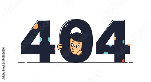 Website 404 error page concept with character peeking through numbers
