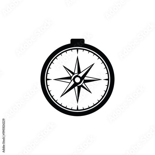 Simple black and white illustration of a circular compass with a needle
