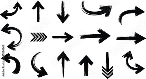 A collection of 16 black arrows on a white background pointing in various directions
