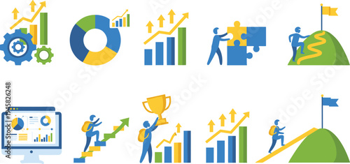 Business growth icons vector illustration with charts, teamwork, goal achievement, data analysis, success, and career progress