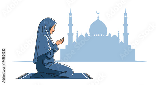 Woman praying on a mat with a mosque silhouette background