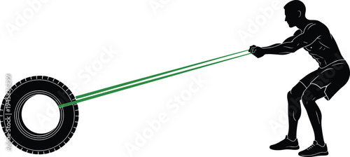 Cartoon athlete pulling tire with resistance bands symbolizing strength training, conditioning, and functional workout design