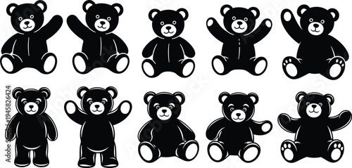 Eight black and white teddy bears in various poses on white background