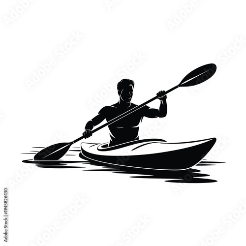 Silhouette of a kayaker paddling a boat on rippling water