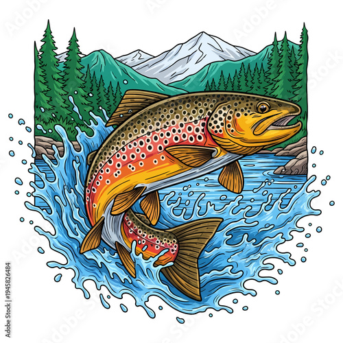 Brown trout jumping out of water with mountain and forest background vintage vector illustration