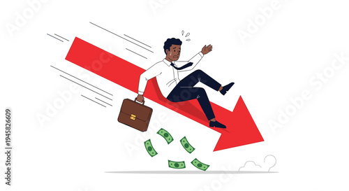 Businessman sliding down a red arrow with falling money