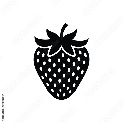 A simple black and white illustration of a ripe strawberry fruit