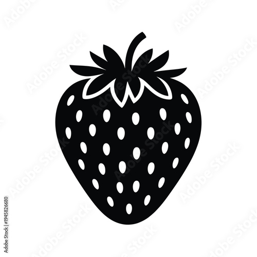 A simple black and white illustration of a ripe strawberry fruit