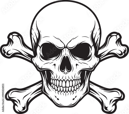 Classic angry skull and crossbones with fierce expression, crossed bones behind, traditional Jolly Roger pirate danger symbol, detailed black vector illustration for logo, tattoo, emblem.