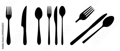 Utensils set with solid black silhouettes of fork, knife, spoon arranged vertically featuring minimalistic, line art, icons with flat design and 2D graphics