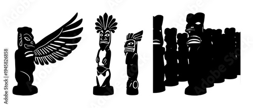 Maori Tiki statue set with solid black silhouette on white background featuring cultural heritage, indigenous art, outline design with silhouette and background