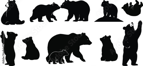Collection of various black silhouettes of bears and cubs in different poses