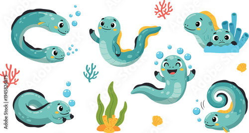 Cute eel sea creature cartoon set with funny underwater fish characters swimming in ocean adorable marine animal vector illustration
