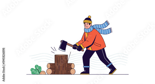 Man chopping wood with axe in winter clothing