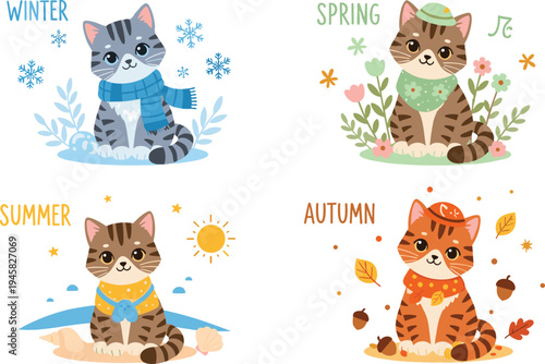 Cute cat seasons set with winter spring summer autumn kittens wearing scarves seasonal nature cartoon vector illustration collection