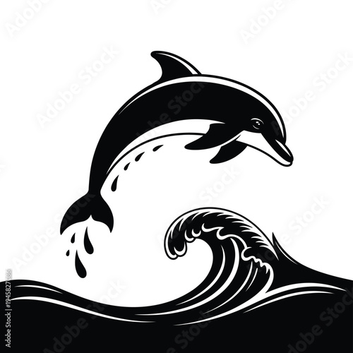 A leaping dolphin illustration with a stylized wave in black and white