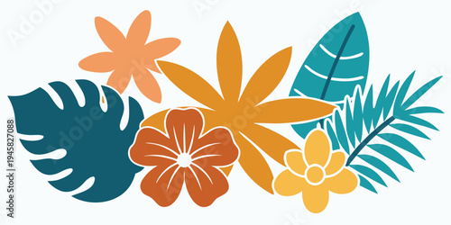 Minimalist tropical floral collection with hibiscus flowers and palm leaves in warm tones