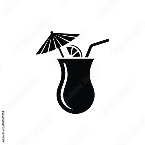 Simple black silhouette of a tropical cocktail with a paper umbrella
