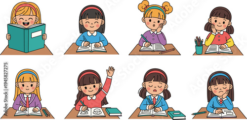 Cute Cartoon Girls Studying with Books and School Supplies for Children's Education and Learning Illustration