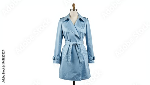 Woman trench coat. A luxurious and stylish elegant female light blue trench coat on mannequin isolated on a white background. Spring and summer fashion