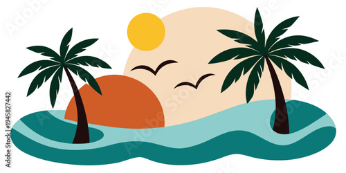 Summer seaside view with palms trees ocean waves seagulls and sun in minimalist vector style