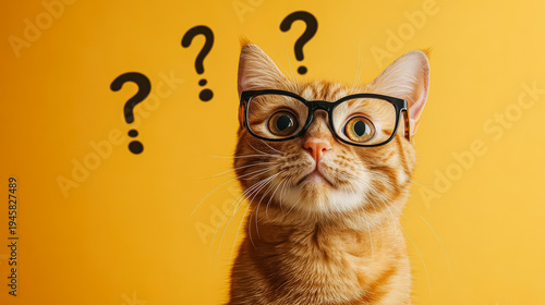 Curious Cat with Glasses Against Yellow Background