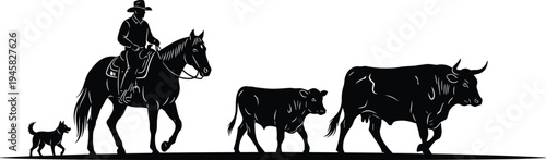 Ranch scene cowboy horse cattle dog silhouette vector illustration design graphic, agriculture rural nature art concept, black and white decorative creative collection