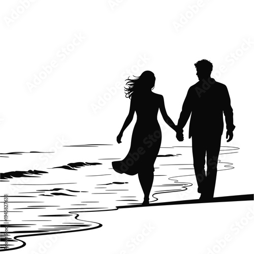 Silhouetted couple holding hands while walking along a beach