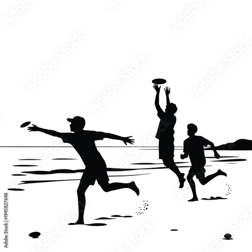 Silhouettes of people playing frisbee on a beach at sunset