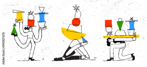 Women Balancing Abstract Geometric Shapes Life Work Balance Concept Hand Drawn Doodle