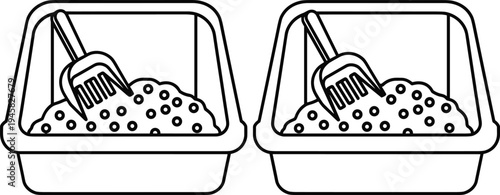 Cat litter box scooper silhouette vector illustration design graphic, pet care product art concept, black and white decorative creative collection